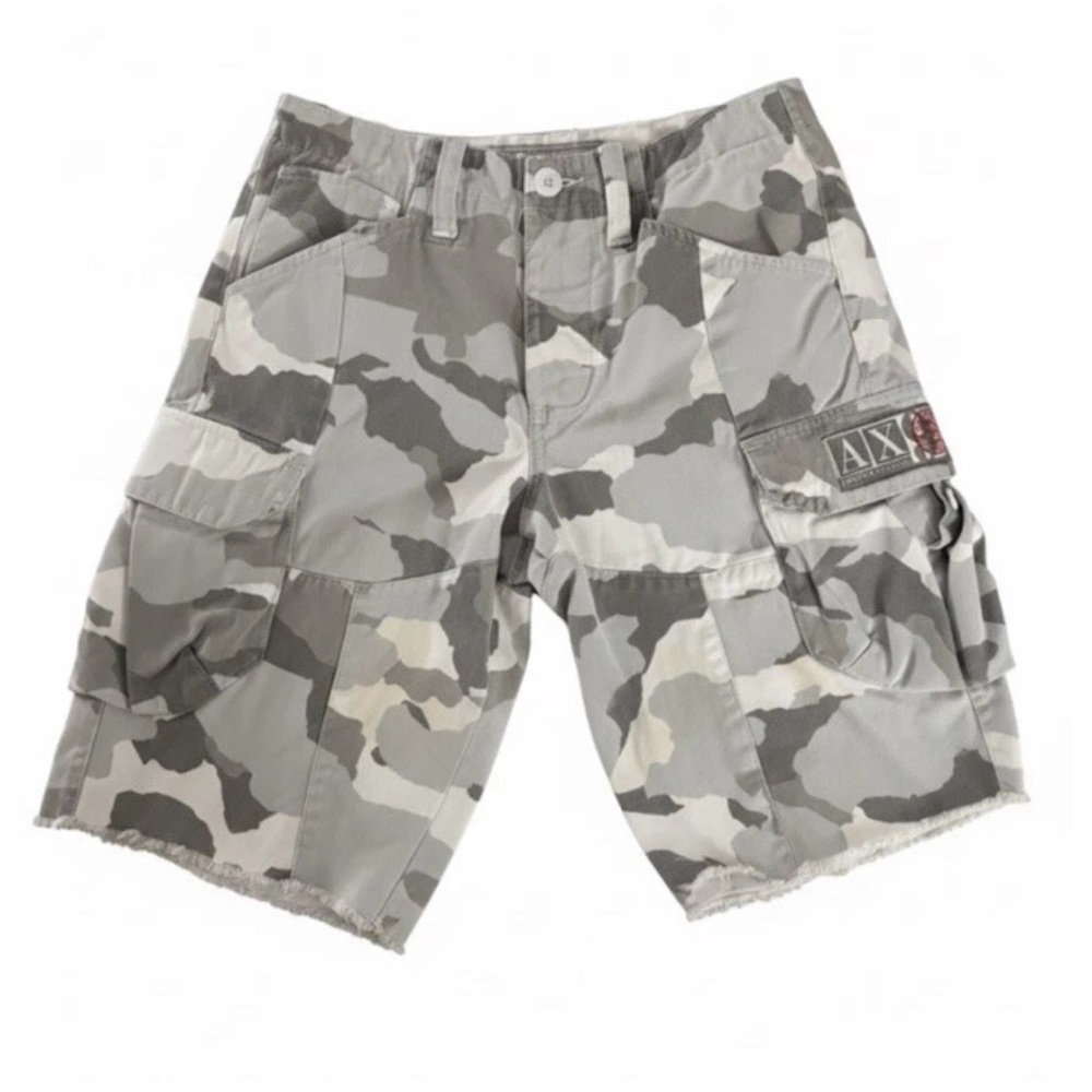 Armani Exchange Men's Gray and White Camo Cargo Shorts